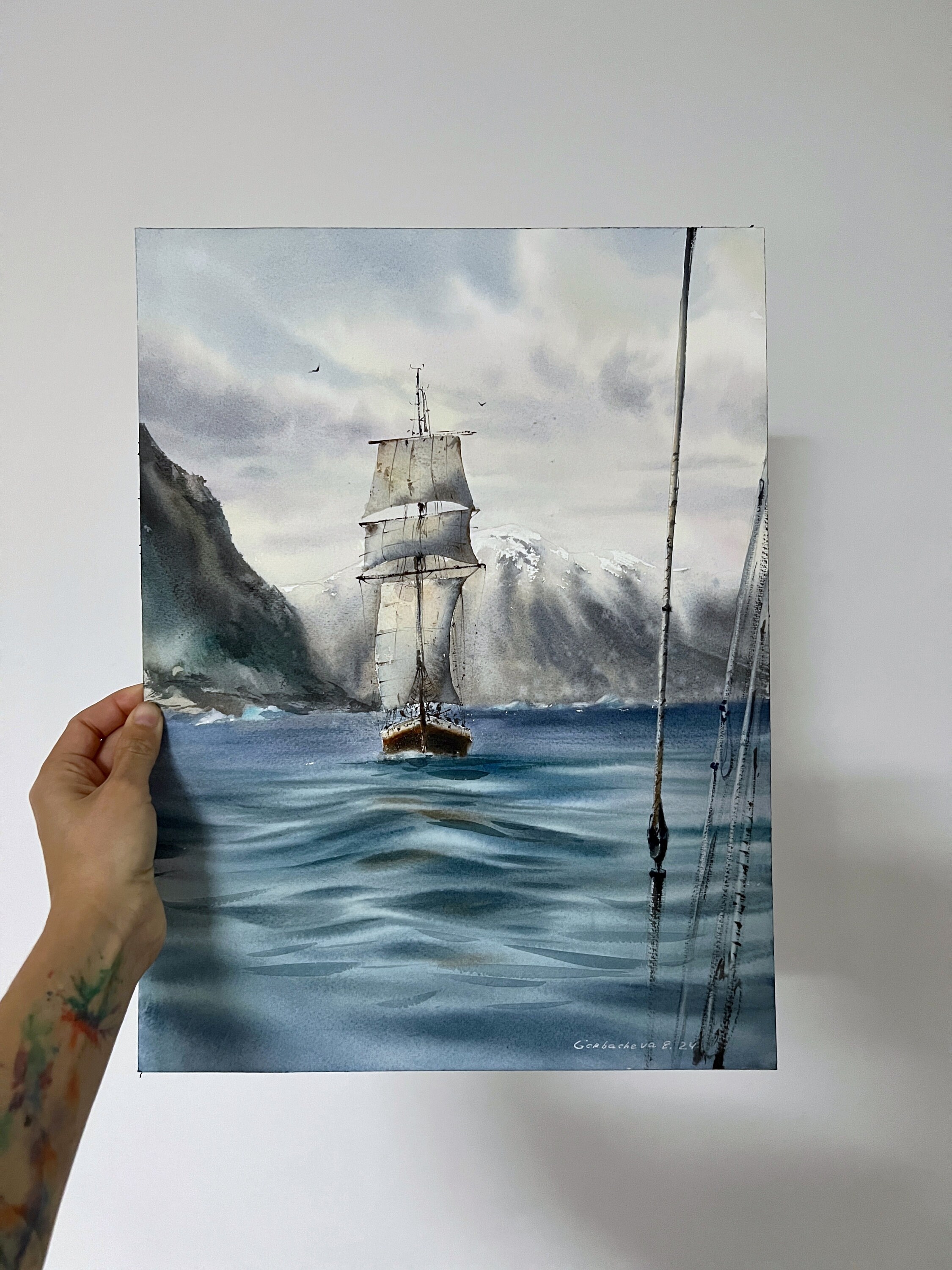 南極アドベンチャー：オリジナルの北極海風景水彩画、氷山の絵画、旅行