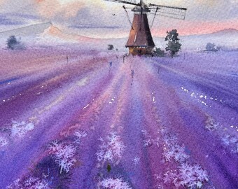 ラベンダー畑の水彩画：夢のような紫色の風景画（16 x 12インチ