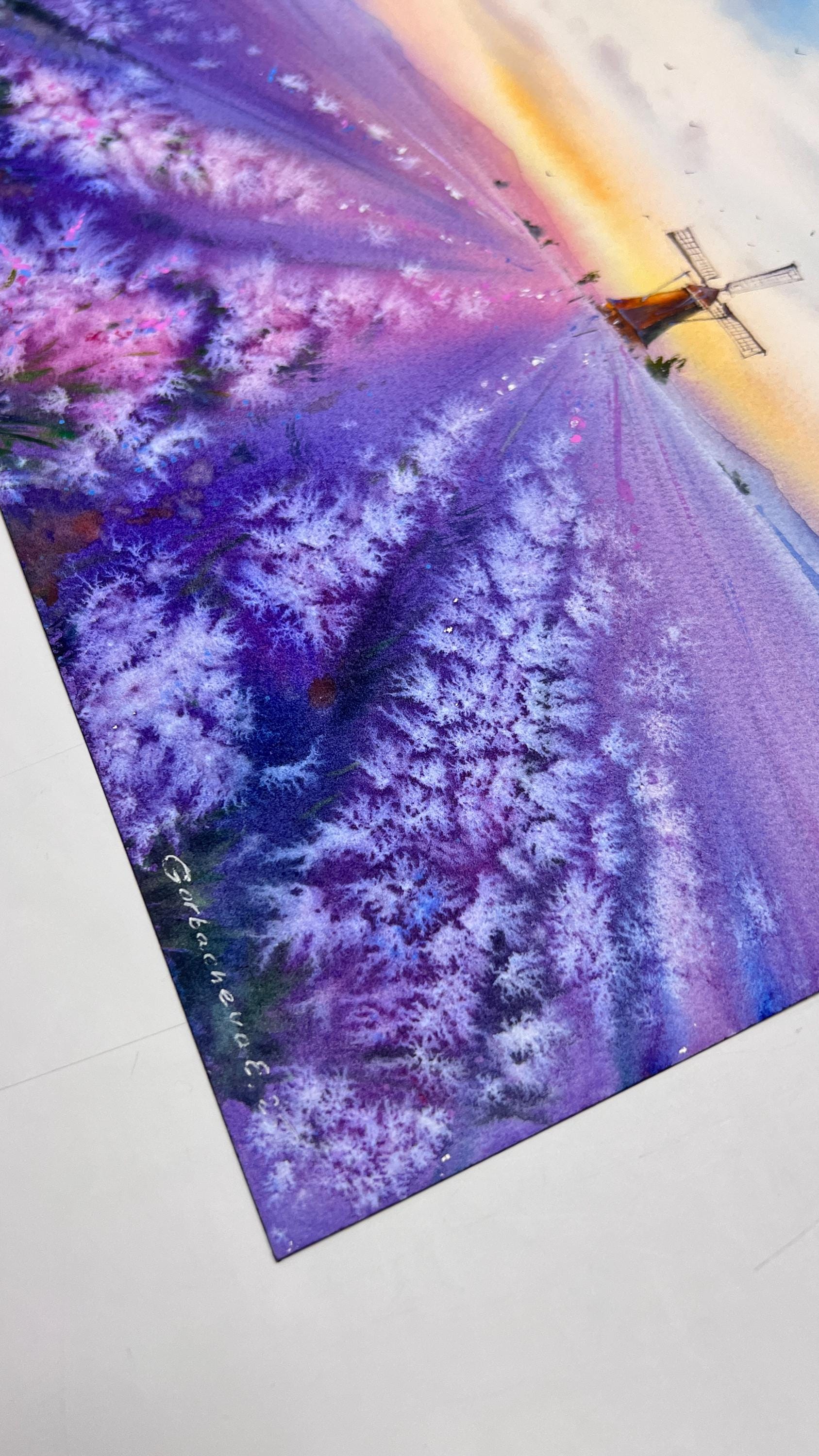 オリジナルのラベンダー畑の水彩画：プロヴァンスの風景画 - Etsy 日本