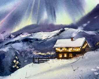 オリジナル水彩画「オーロラの絵画：冬の森の北欧の風景」 - Etsy 日本