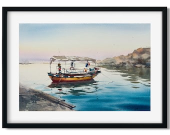 外洋に浮かぶカラフルな漁船の絵画、漁船の水彩画、海の風景、海の