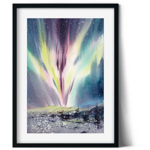 Original Aurora Borealis Watercolor, Winter Northern Lights Artwork, Nordic Home Decor