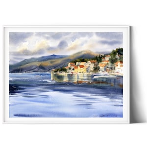 Sea Style Living Room Decor, Coastal Town Wall Art, Montenegro Watercolor Print, Beach Art