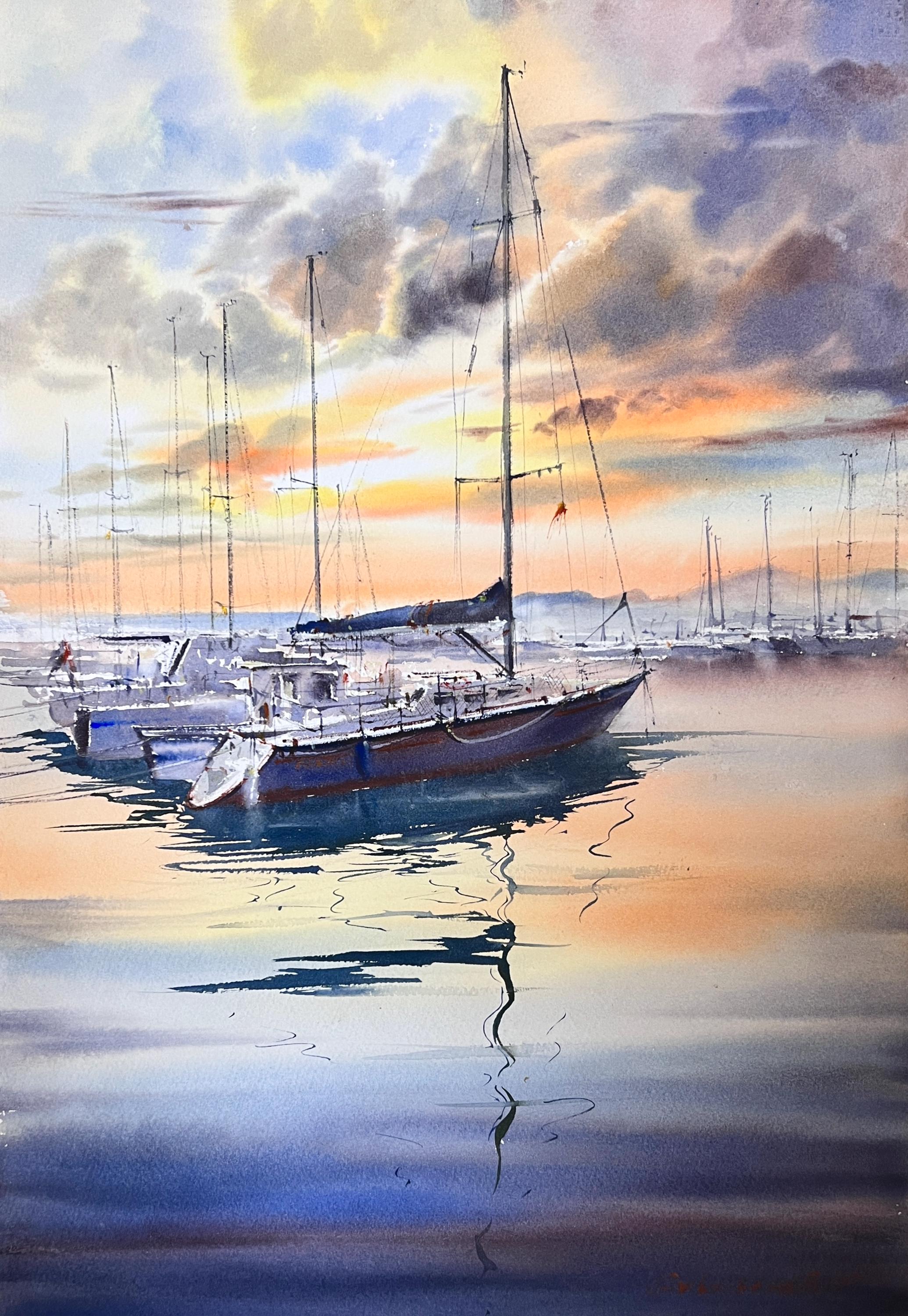 オリジナル海景水彩画、夕日の帆船アート（15 x 22インチ） - Etsy 日本