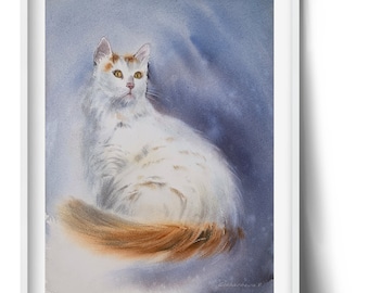 White Cat Painting, Original Watercolor Illustration, Cat Portrait, Animal Wall Art, Cats Lover Gift