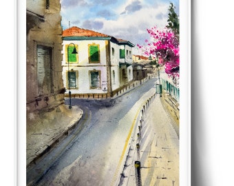 Nicosia Cyprus Watercolor Painting: Mediterranean Street Scene Art