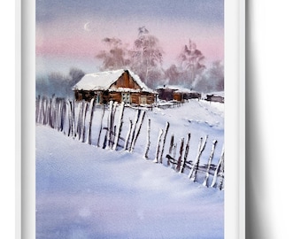 Originele kunst rustiek winterlandschap - boerderij schilderij, wanddecoratie, 9 x 12 inch