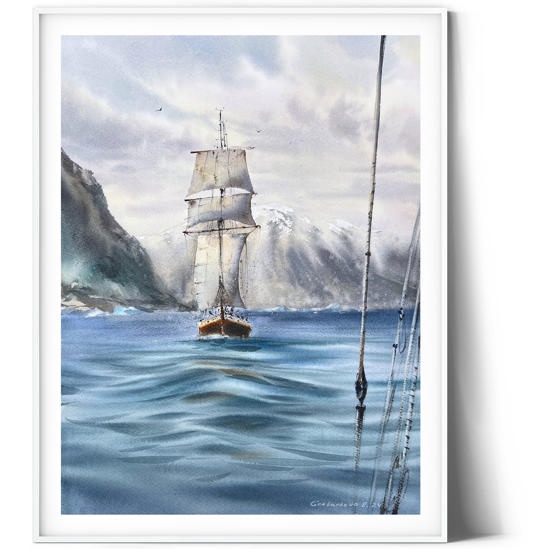 南極アドベンチャー：オリジナルの北極海風景水彩画、氷山の絵画、旅行