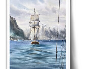 南極アドベンチャー：オリジナルの北極海風景水彩画、氷山の絵画、旅行