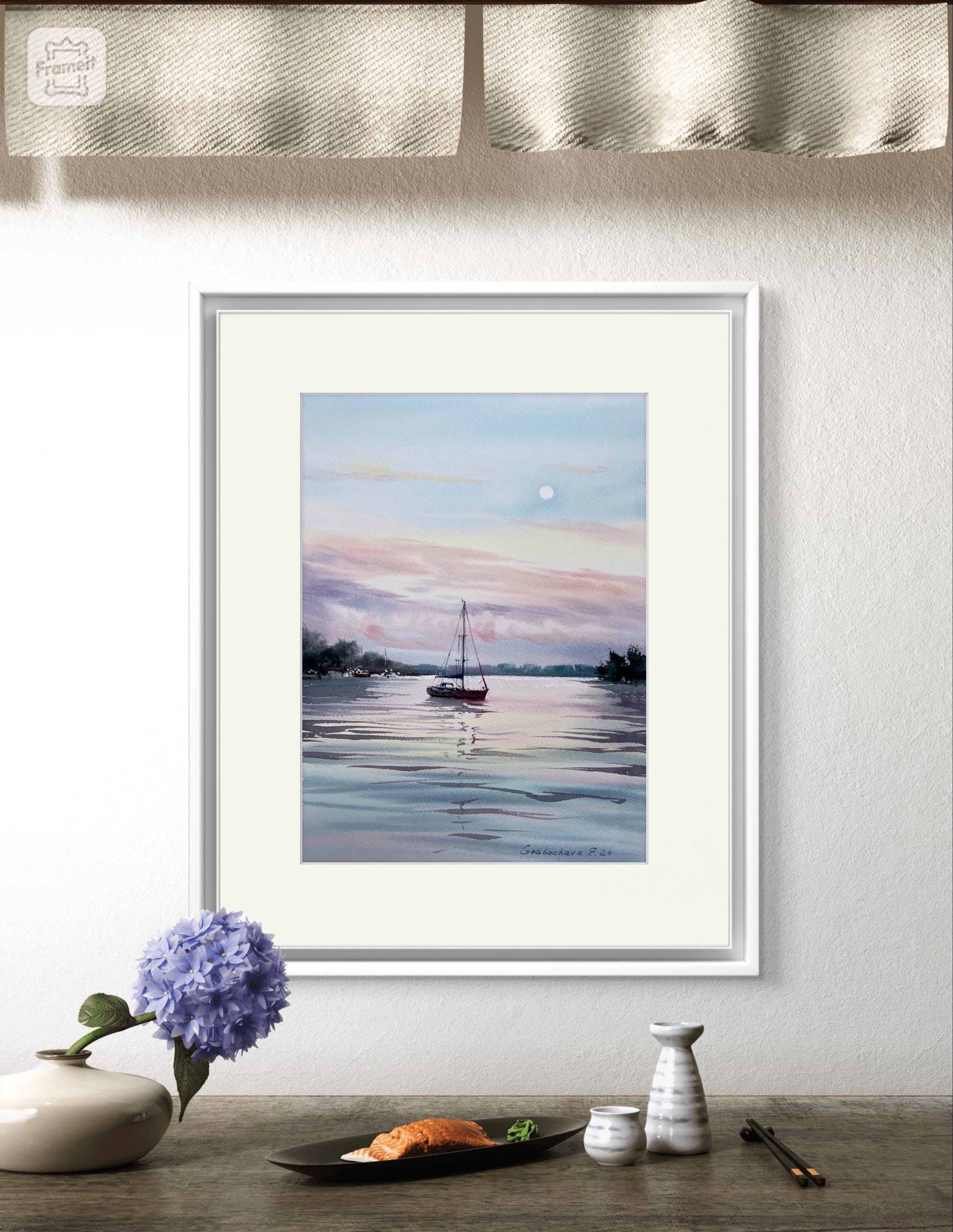 ヨットの水彩画：ピンク色の夜明けの海景画（12 x 9インチ） - Etsy 日本