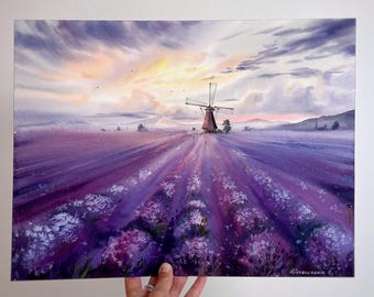 ラベンダー畑の水彩画：夢のような紫色の風景画（16 x 12インチ