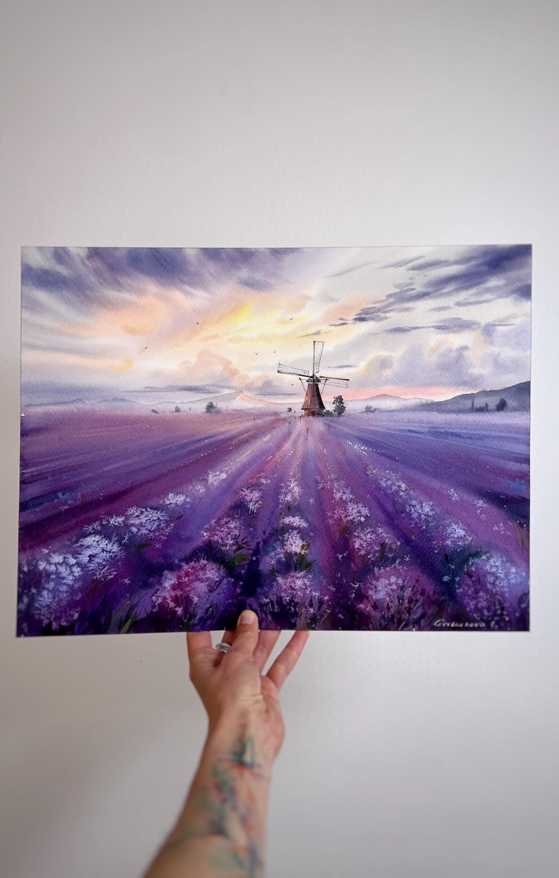 ラベンダー畑の水彩画：夢のような紫色の風景画（16 x 12インチ
