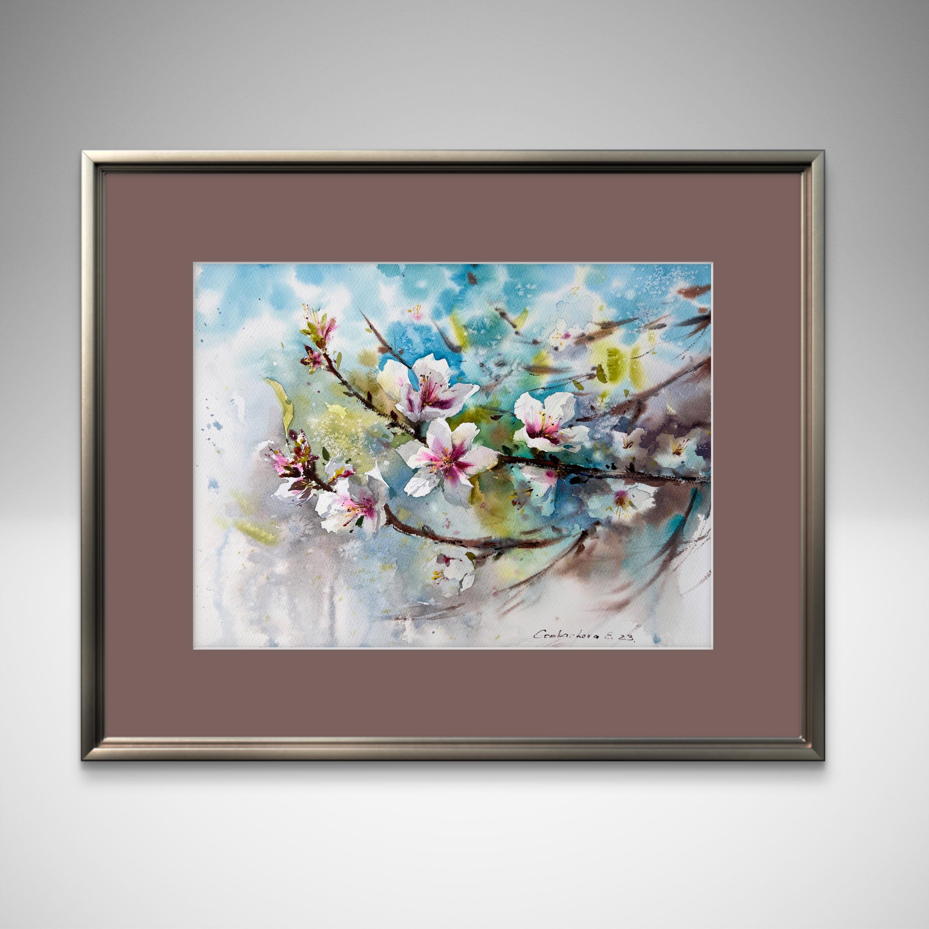 オリジナル水彩画：咲き誇るアーモンドの木の植物画（12 x 16インチ