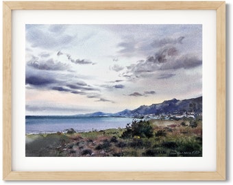 Cyprus Seascape Watercolor Painting: Twilight Sky, Coastal Wall Art