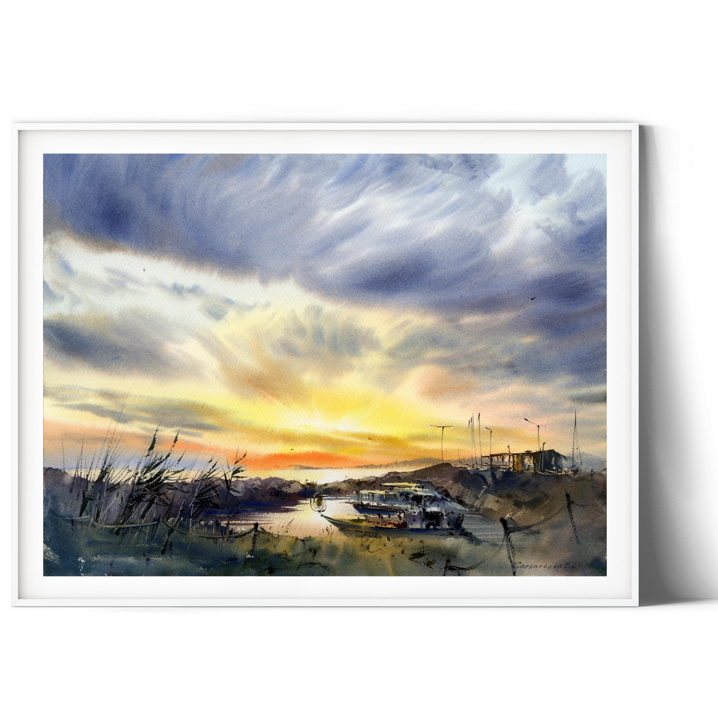 漁船桟橋の水彩画 - 黄色い夕焼けの風景 - オリジナル絵画 - Etsy 日本