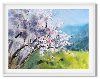 Almond Blossom Painting, Original Watercolor Spring Landscape Artwork, Flora Wall Art Decor, Flower, Blooming Tree