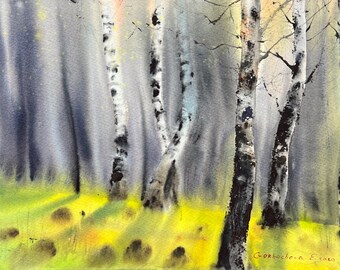 鮮やかな白樺の風景画 - 夏の森の水彩画、自然の壁アート - Etsy 日本