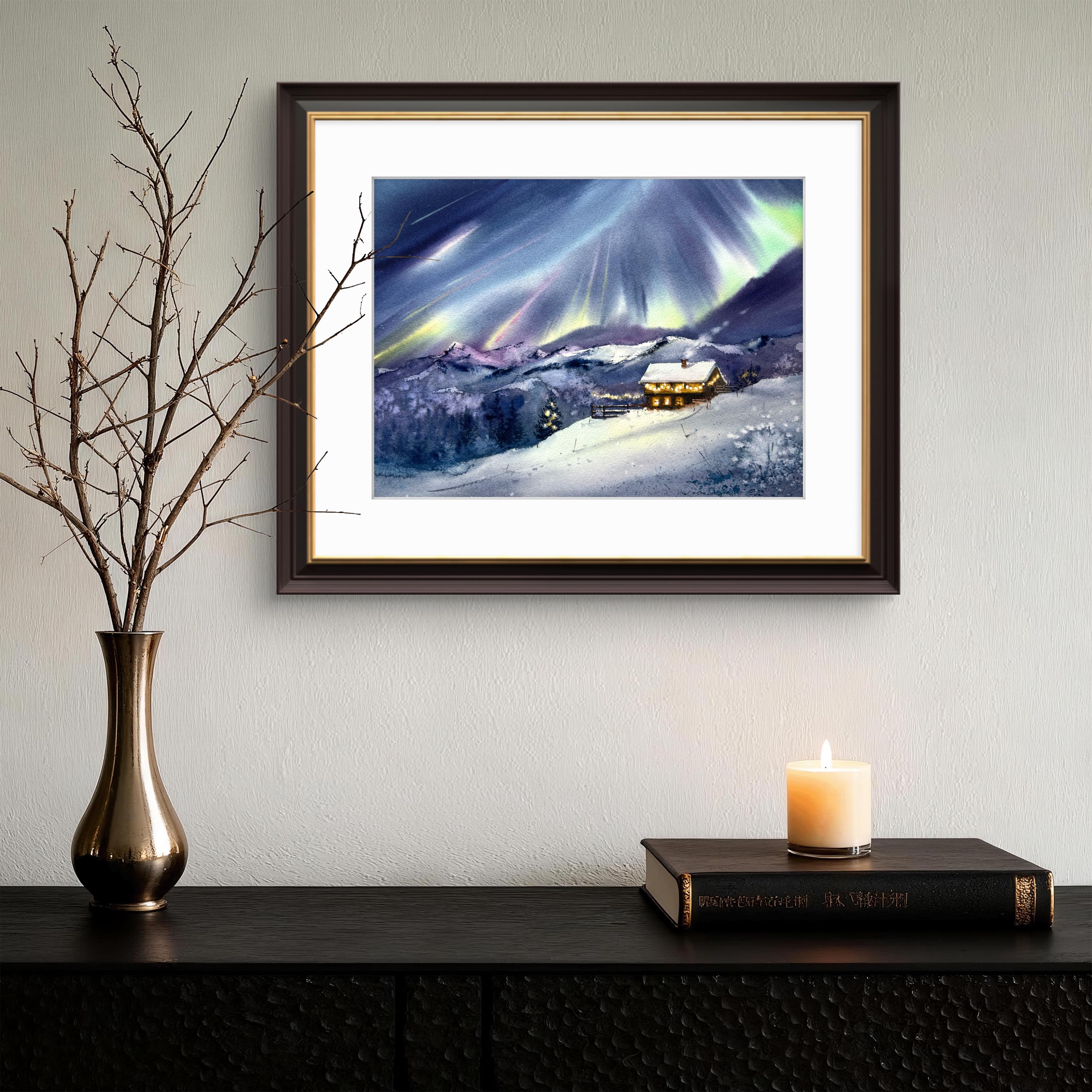 オリジナル水彩画「オーロラの絵画：冬の森の北欧の風景」 - Etsy 日本