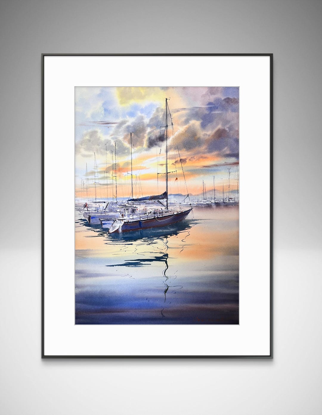 オリジナル海景水彩画、夕日の帆船アート（15 x 22インチ） - Etsy 日本