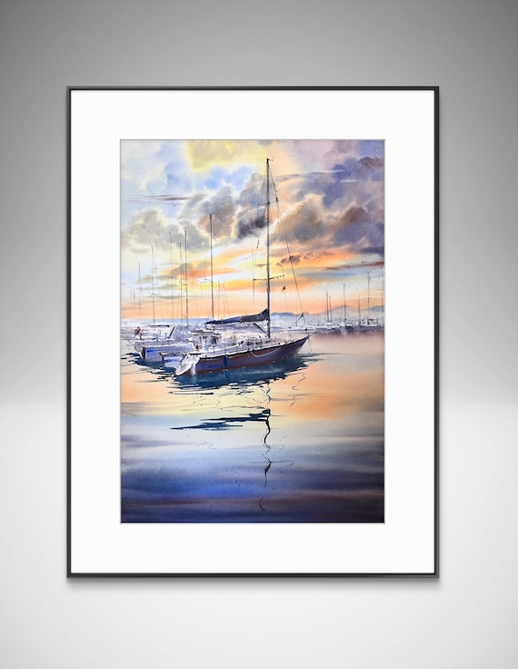 オリジナル海景水彩画、夕日の帆船アート（15 x 22インチ） - Etsy 日本
