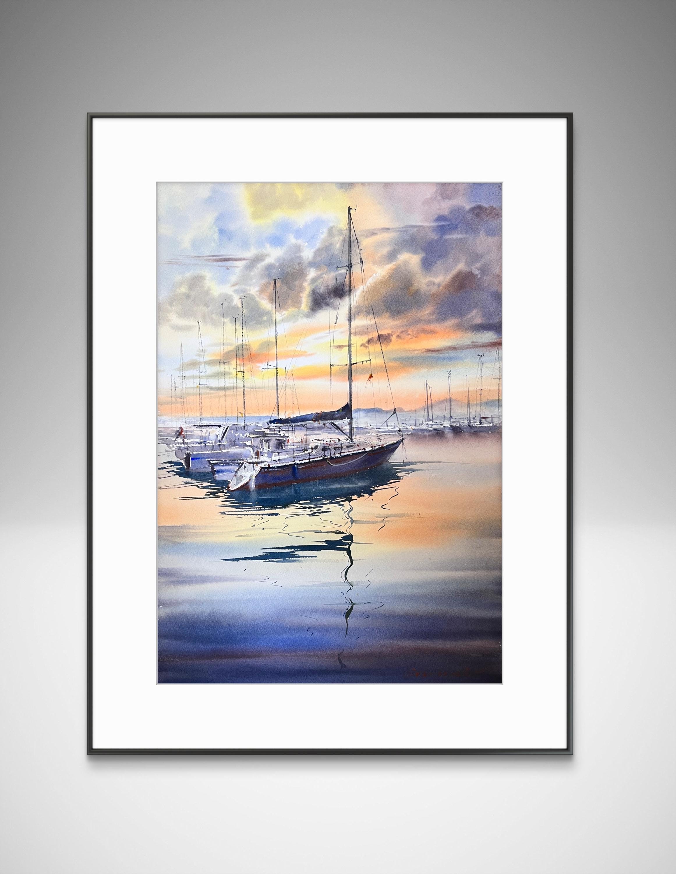 オリジナル海景水彩画、夕日の帆船アート（15 x 22インチ） - Etsy 日本