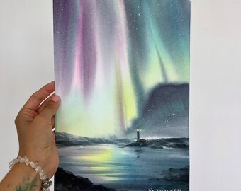 オリジナル水彩画「オーロラの絵画：灯台の冬の風景」8x12インチの