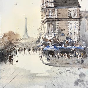 Enchanting Paris Scene Watercolor: Eiffel Tower & Architecture - Original Painting