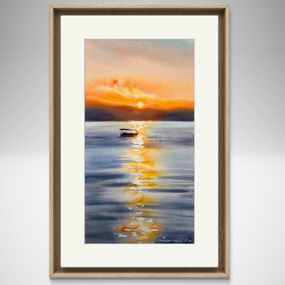 オリジナル海景水彩画：キプロス沿岸アート、夕日のボート - Etsy 日本
