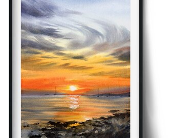 オレンジ色の夕日の沿岸ヨットの水彩画 | オリジナルアート 9 x 12