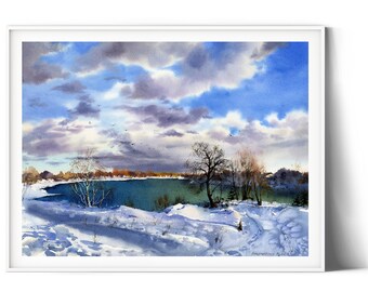 Rustic Winter Landscape Watercolor Painting: Country Farmhouse Art Print