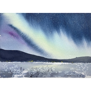 Cozy Northern Lights Art - Small Winter Landscape, Aurora Watercolor Original Painting