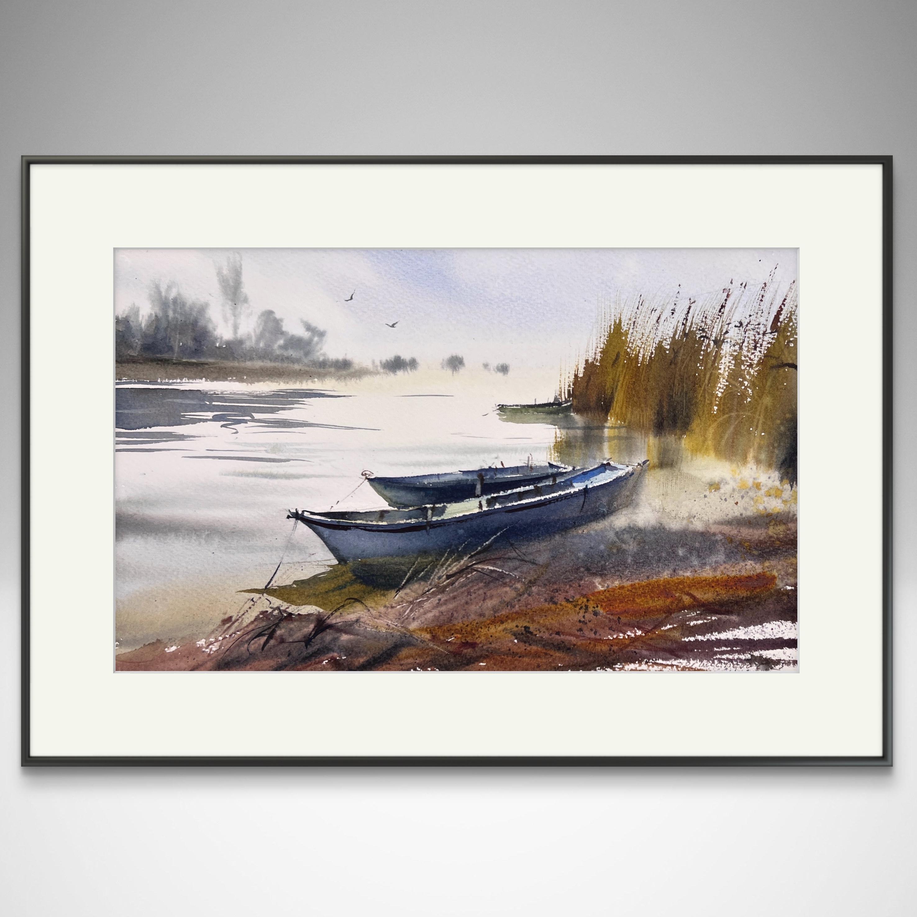 水彩画 ボート 夕焼け　40✖️40 Small Lake Painting, Boats in Haze, Impressionistic Watercolor Art