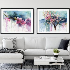 Arte mural floral vibrante: impresiones en acuarela de flor de cerezo y flor de durazno, juego de 2