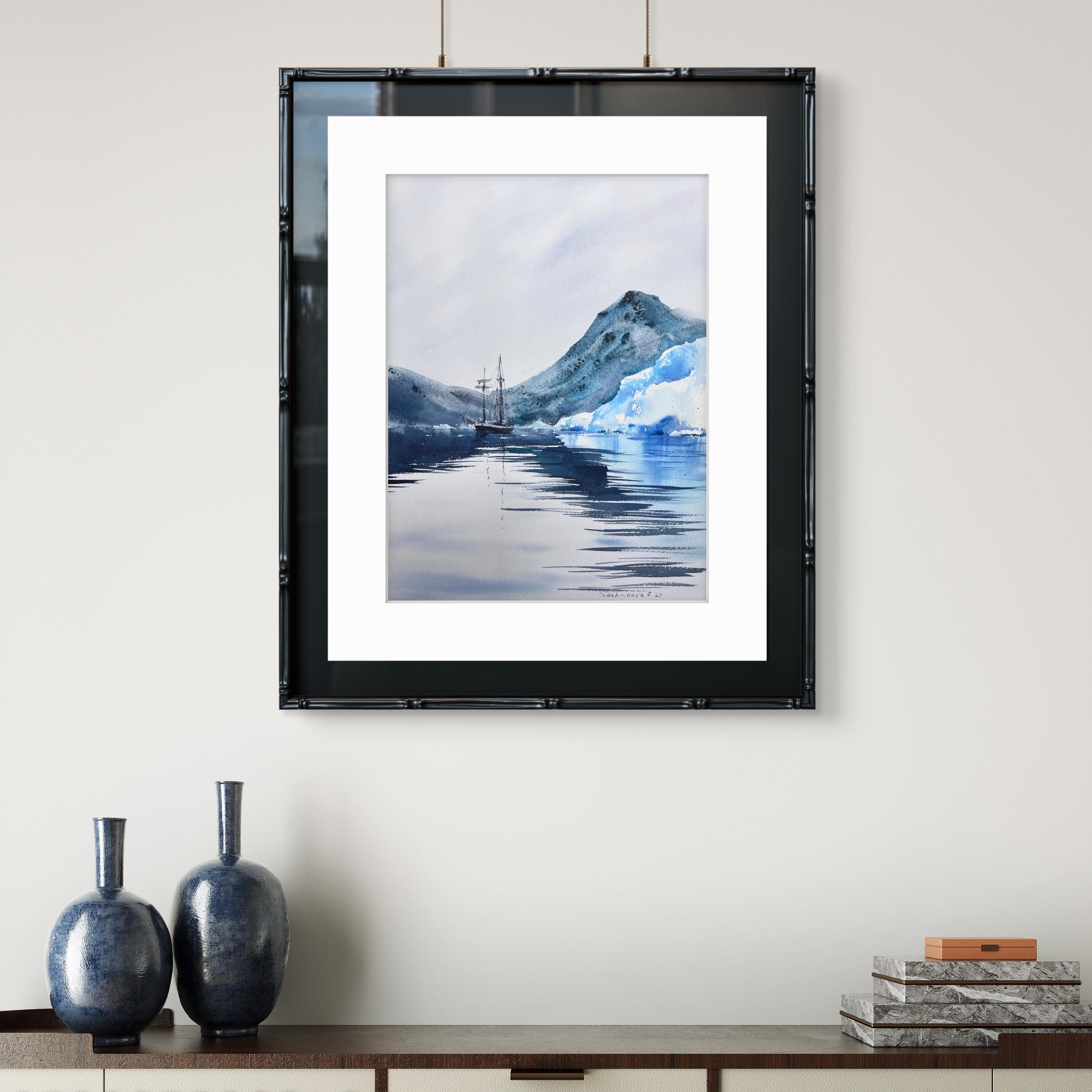 南極の氷山の水彩画：オリジナルの海景画、冒険旅行ギフト、北極の