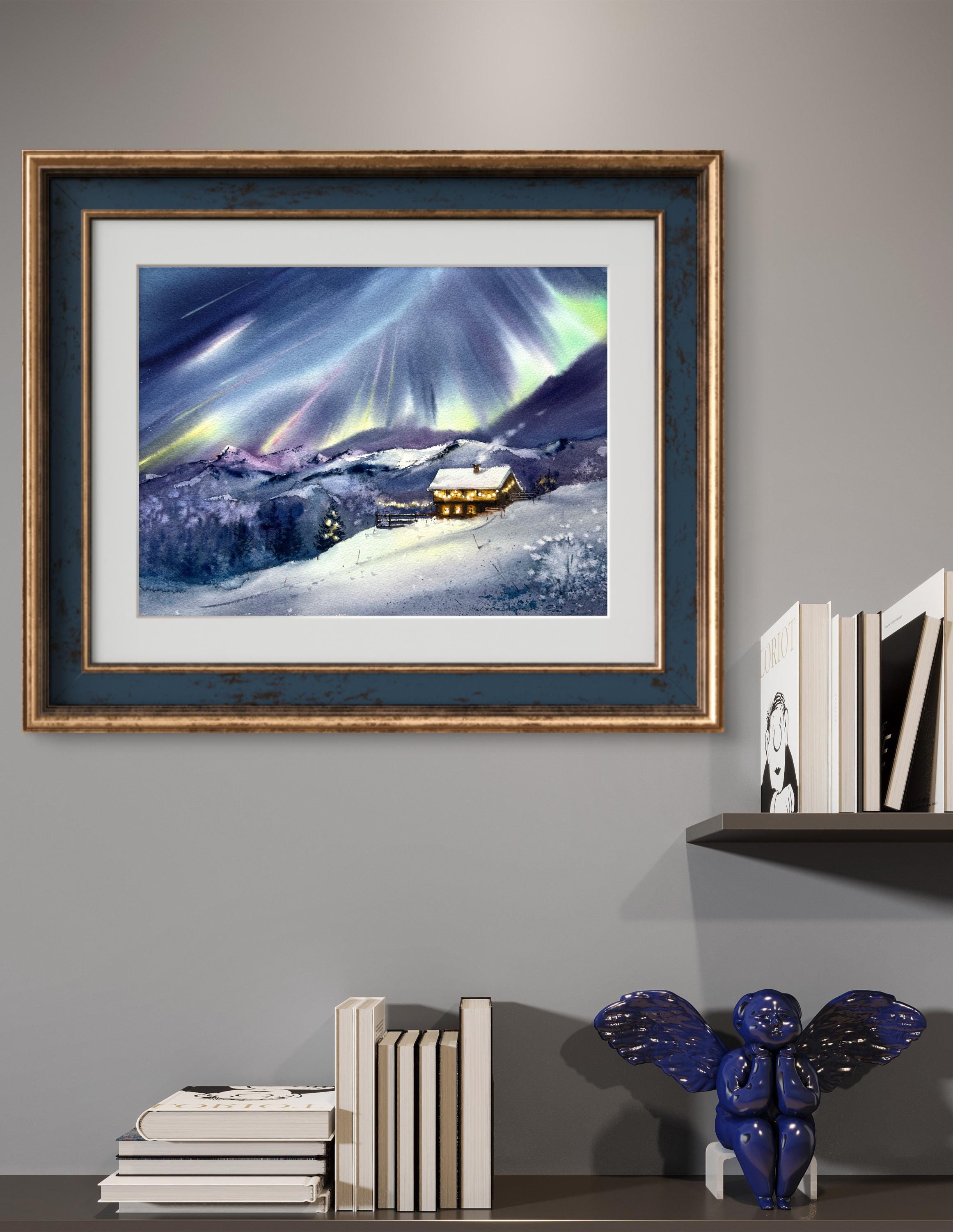 オリジナル水彩画「オーロラの絵画：冬の森の北欧の風景」 - Etsy 日本