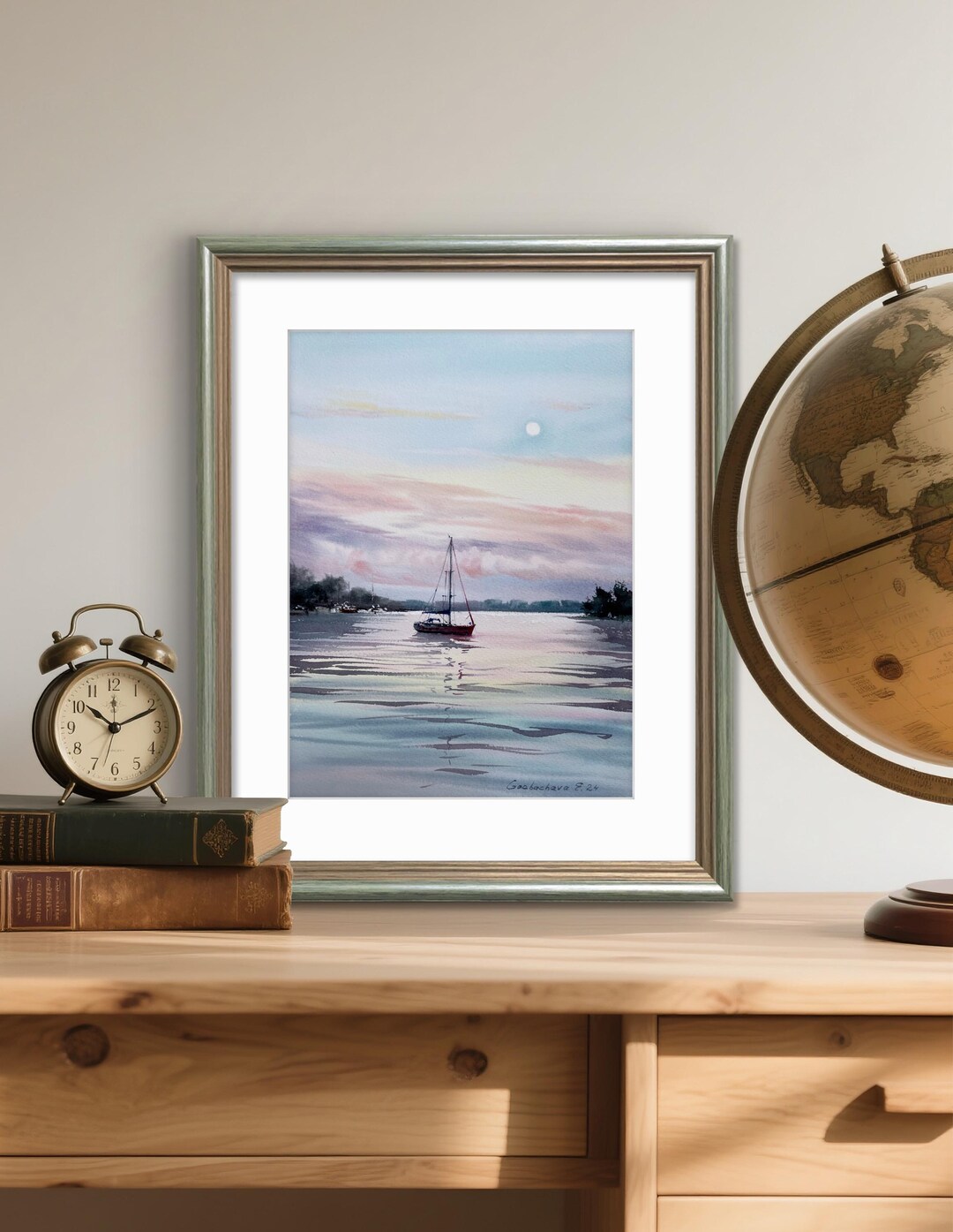 ヨットの水彩画：ピンク色の夜明けの海景画（12 x 9インチ） - Etsy 日本