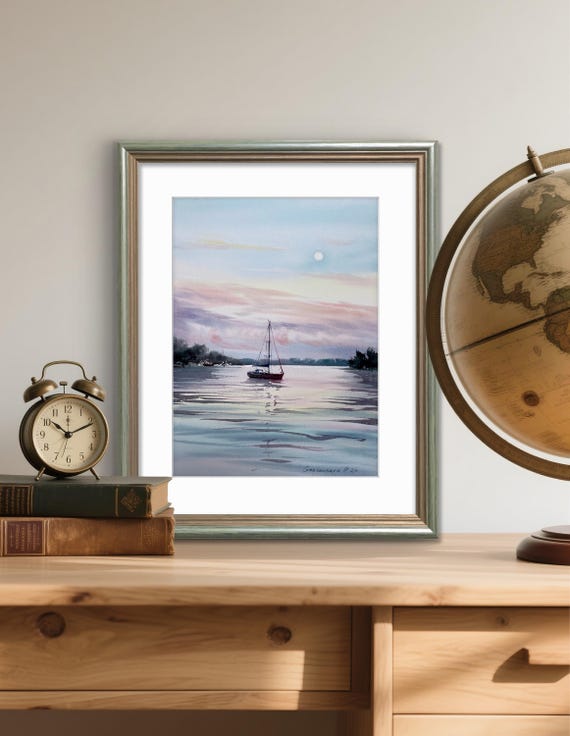 ヨットの水彩画：ピンク色の夜明けの海景画（12 x 9インチ） - Etsy 日本