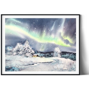 Northern Lights Wall Art - Night Sky Painting, Christmas Gift, Holiday Home Decor