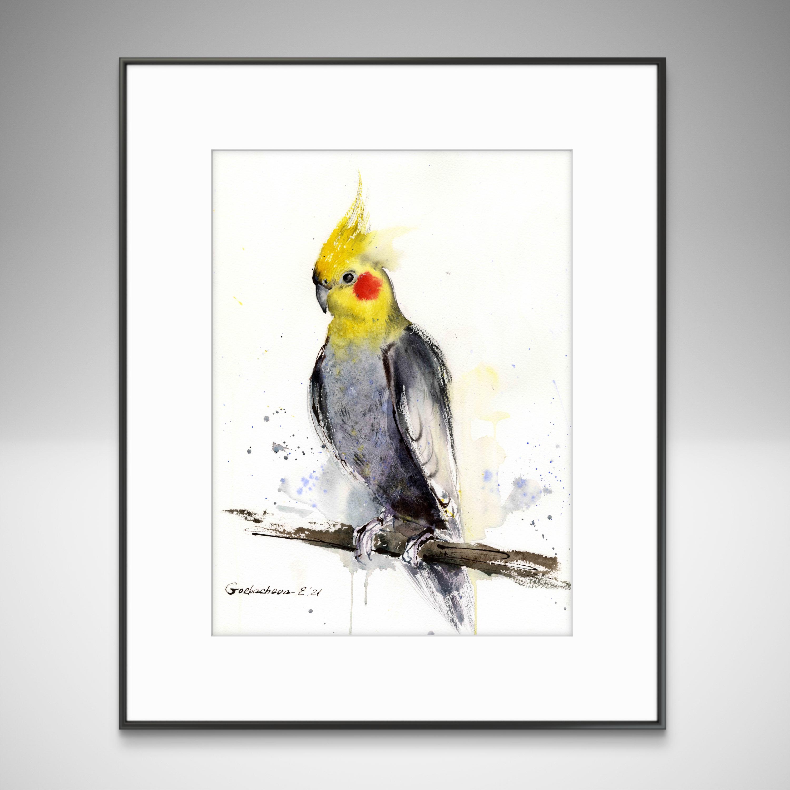 鮮やかなオウムの水彩画、オリジナルのエキゾチックな鳥のアート 
