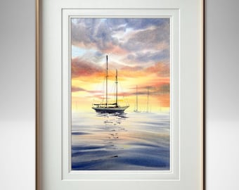 2023年 水彩画 (諸磯湾のヨット) オリジナルの海景水彩画：夕暮れのヨット、航海をテーマにした