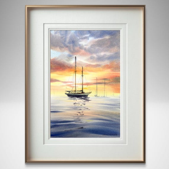 オリジナルの海景水彩画：夕暮れのヨット、航海をテーマにした
