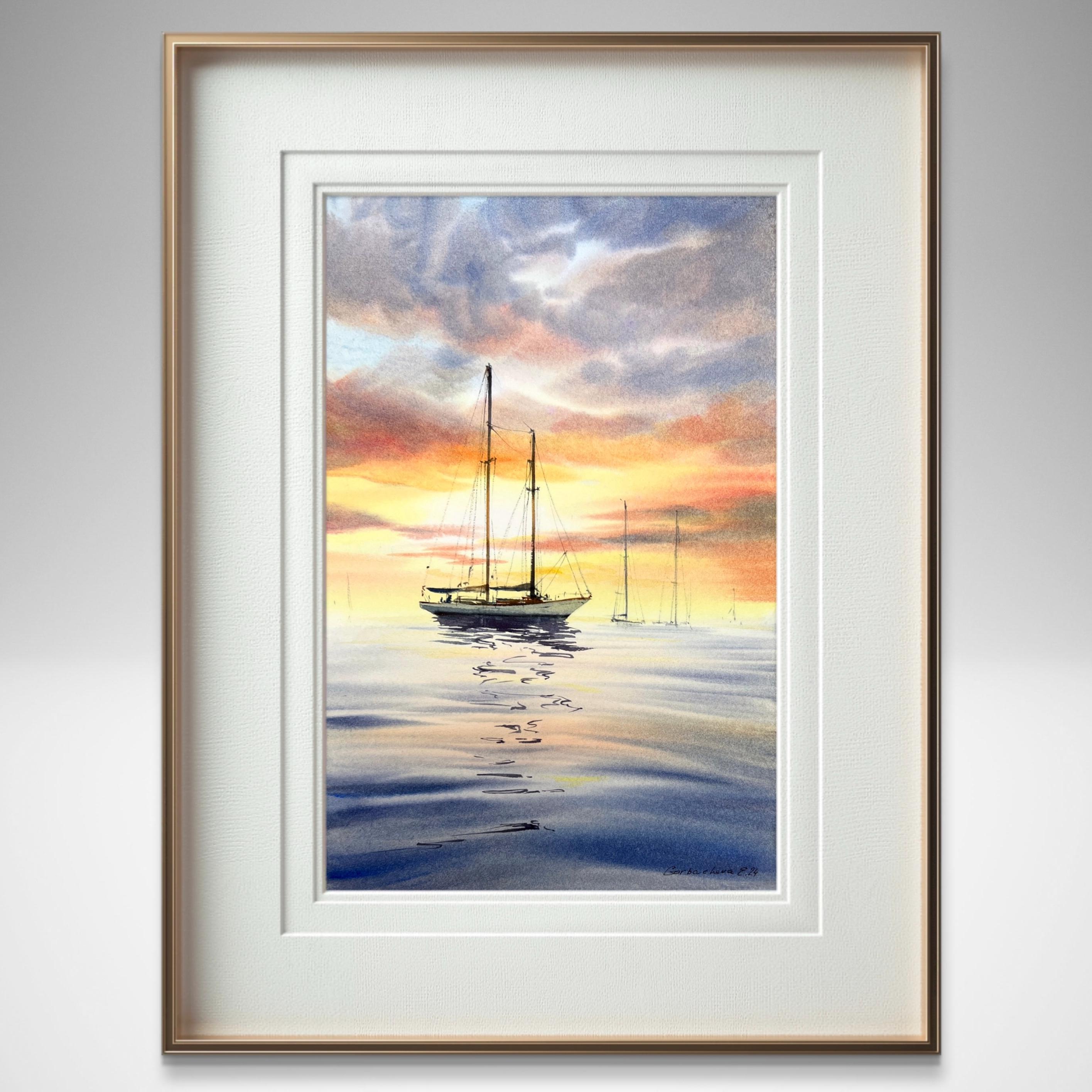 オリジナルの海景水彩画：夕暮れのヨット、航海をテーマにした