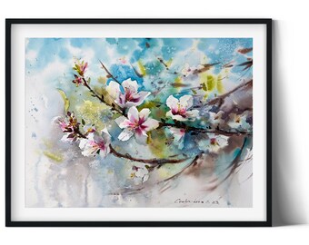 オリジナル水彩画：咲き誇るアーモンドの木の植物画（12 x 16インチ