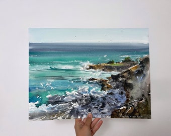 オリジナル水彩画の海景画：抽象的な波と岩の海岸アート - Etsy 日本