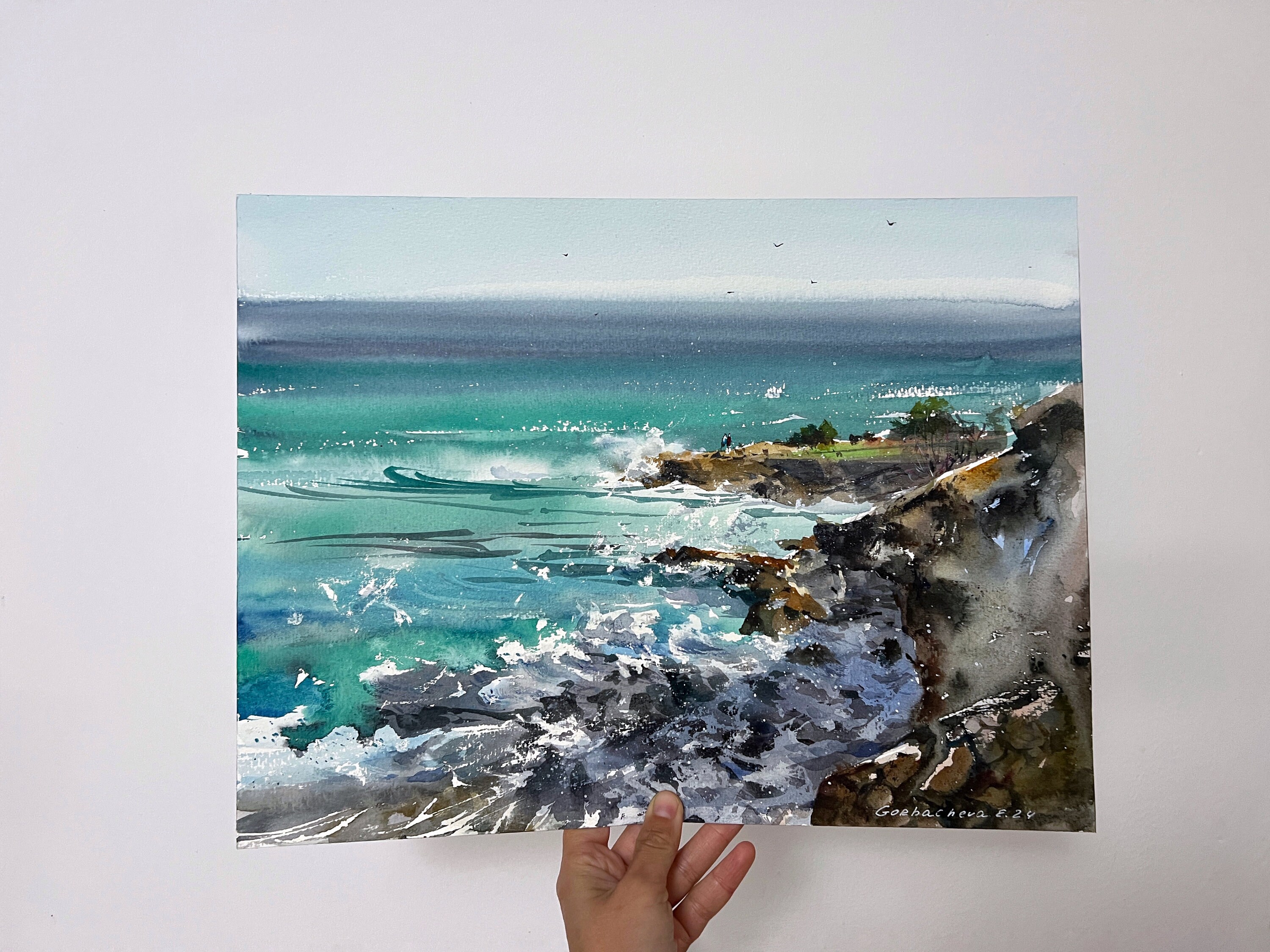 オリジナル水彩画の海景画：抽象的な波と岩の海岸アート - Etsy 日本