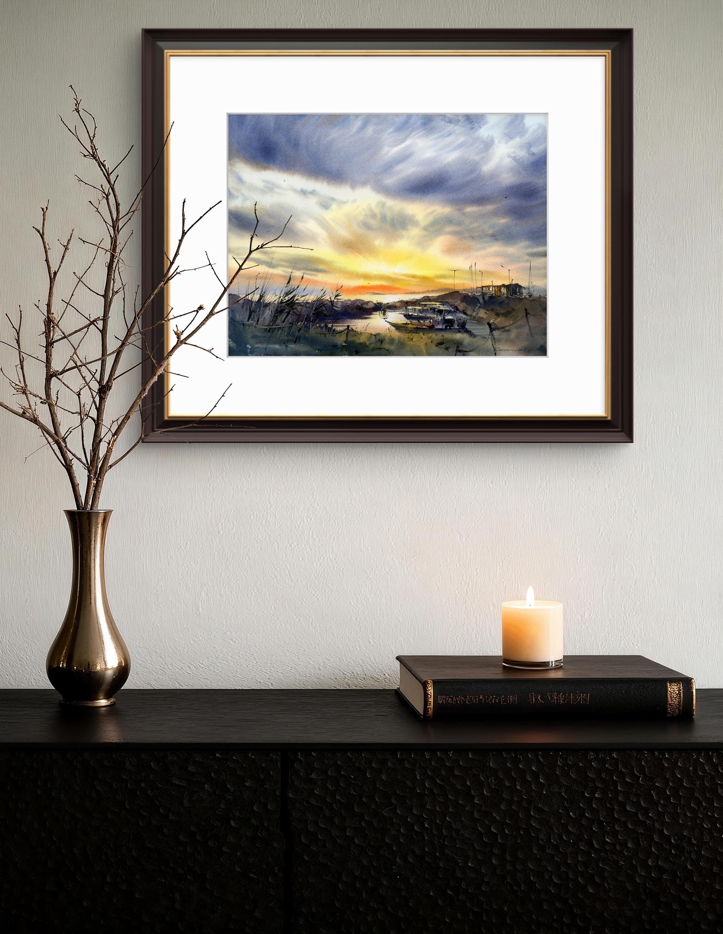 漁船桟橋の水彩画 - 黄色い夕焼けの風景 - オリジナル絵画 - Etsy 日本