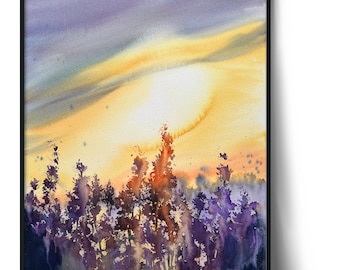 Lavender Field Watercolor Painting: Original Landscape Wall Art (16x12 in)