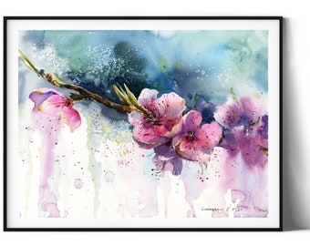 Impresión artística de acuarela de flor de durazno: decoración botánica para pared