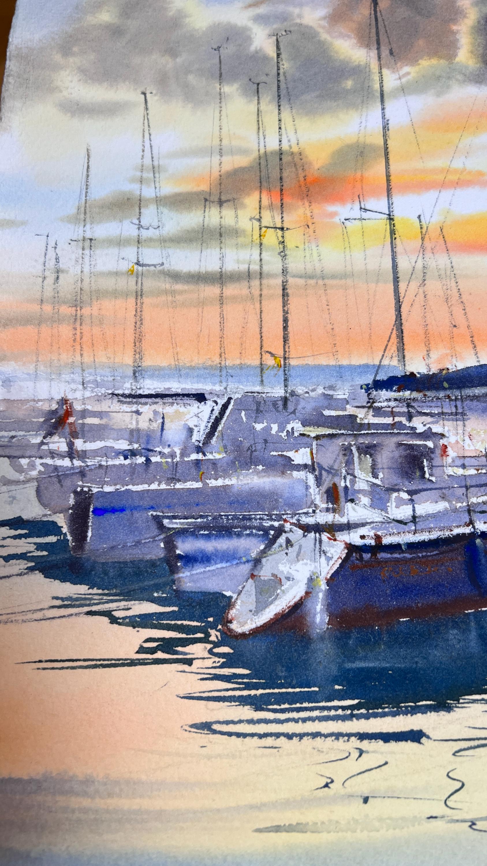オリジナル海景水彩画、夕日の帆船アート（15 x 22インチ） - Etsy 日本