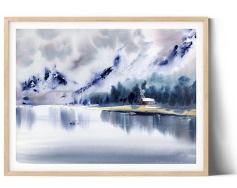 静かな山の湖の抽象画 - 水彩キャンバスプリントで室内装飾に - Etsy 日本